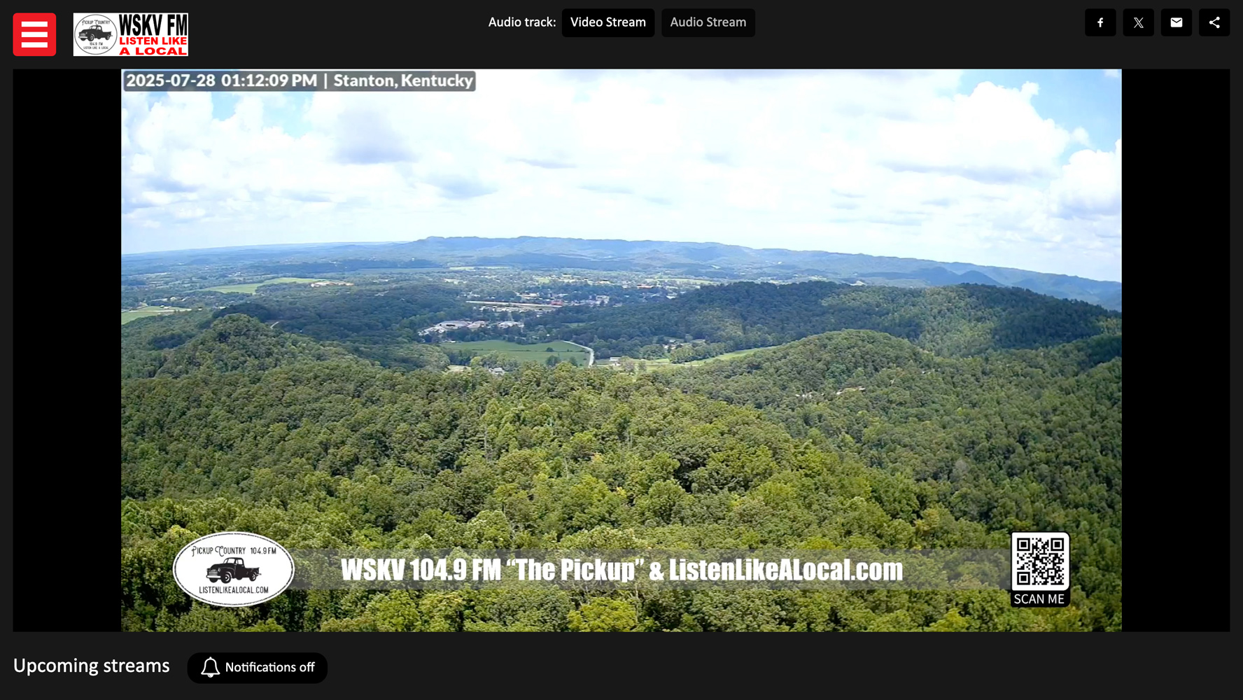 Live video streaming player showing WSKV FM broadcast with camera feed, audio controls, and social sharing options